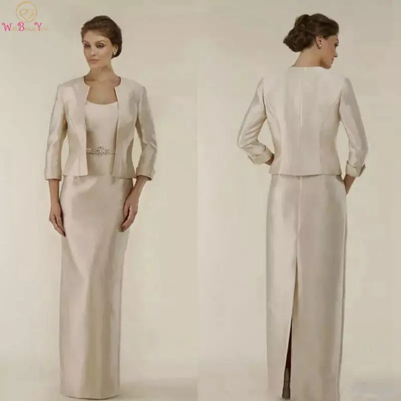 

Scoop Neck Mother of the Bride Dresses Mermaid Two-piece set With Long Sleeve Jacket Crystal Sash Long Satin Formal Gowns 2019