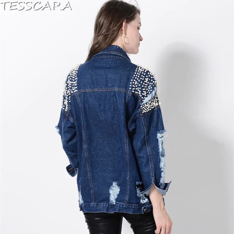 Féminine Perles Femmes Et Luxe Automne Blue Tesscara Mode Base Effiloché De Denim Manteaux Bomber Veste Vestes La Jeans Manteau Vêtements 5P4I5pqwx