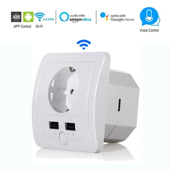

Wifi Smart EU Wall Socket With 2 USB Ports 15A Timer Switch Control Outlet Voice Control Work Amazon alexa,Goole Assistant,IFTTT