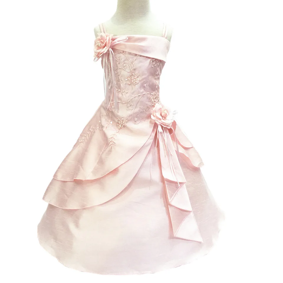 HG/нарядное платье принцессы для девочек 2-14 лет, атласное платье с вышитыми бисером и розовыми цветами для девочек, большие размеры, Детские вечерние платья