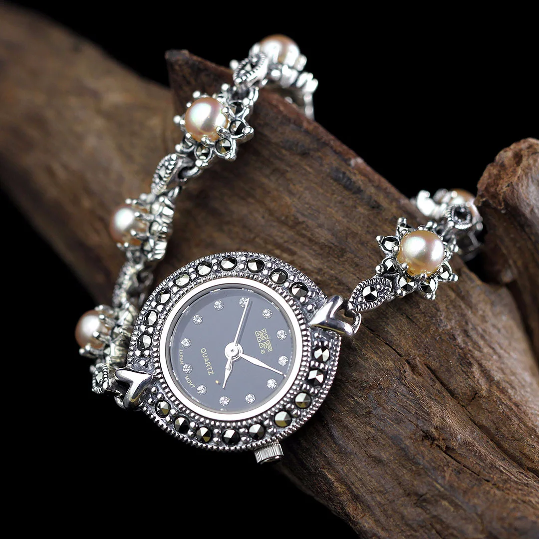 

BOCAI REAL S925 Pure Silver Jewelry Retro-vintage Betel Beads Low-key Luxury Women's Watch Bracelet