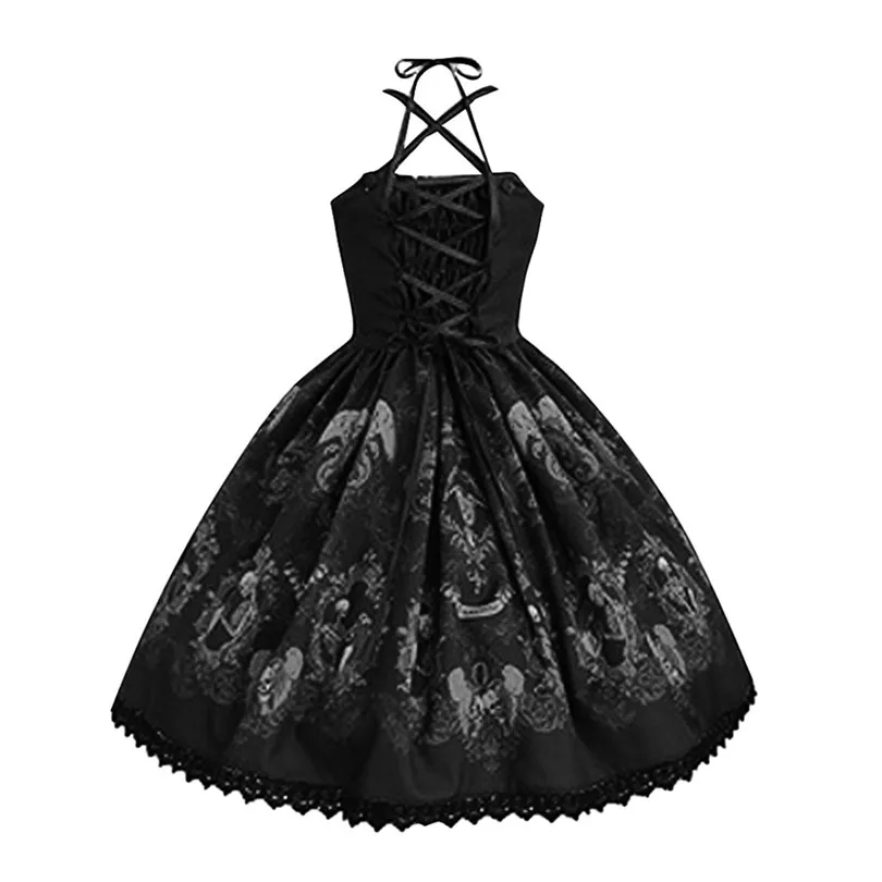 Skull Print Dress For Women Punk Style Summer Dress Strap Hepburn Dress Big Swing Party Dress Large Vestido De Festa 40JUN50