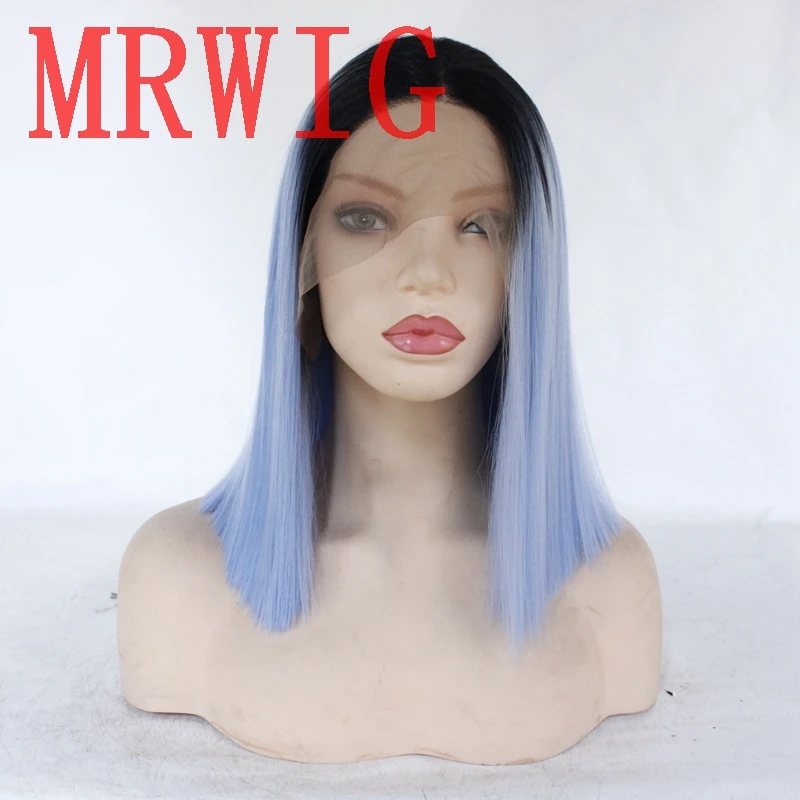 

MRWIG More Picture Color Short Bob Straight Ombre red/Grey/Blue Synthetic Front Lace Wig Middle Part 12in 150%Density for Woman