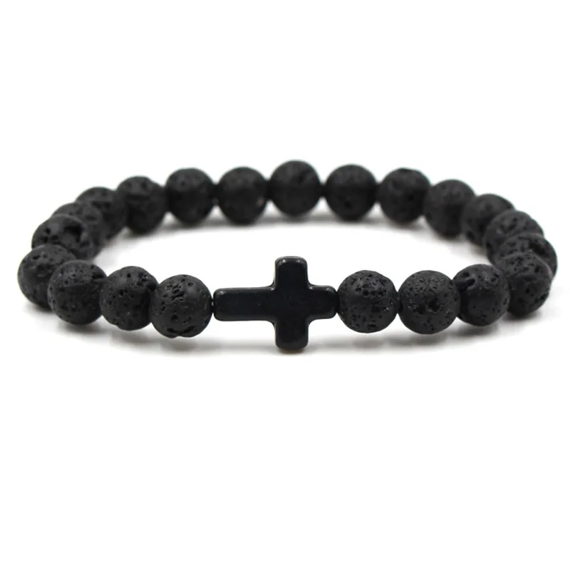 

New Mens Beaded Jewelry 8mm Lava Stone Beads Gallstone Cross Bracelets Party Gift Natural Stone Yoga Jewelry