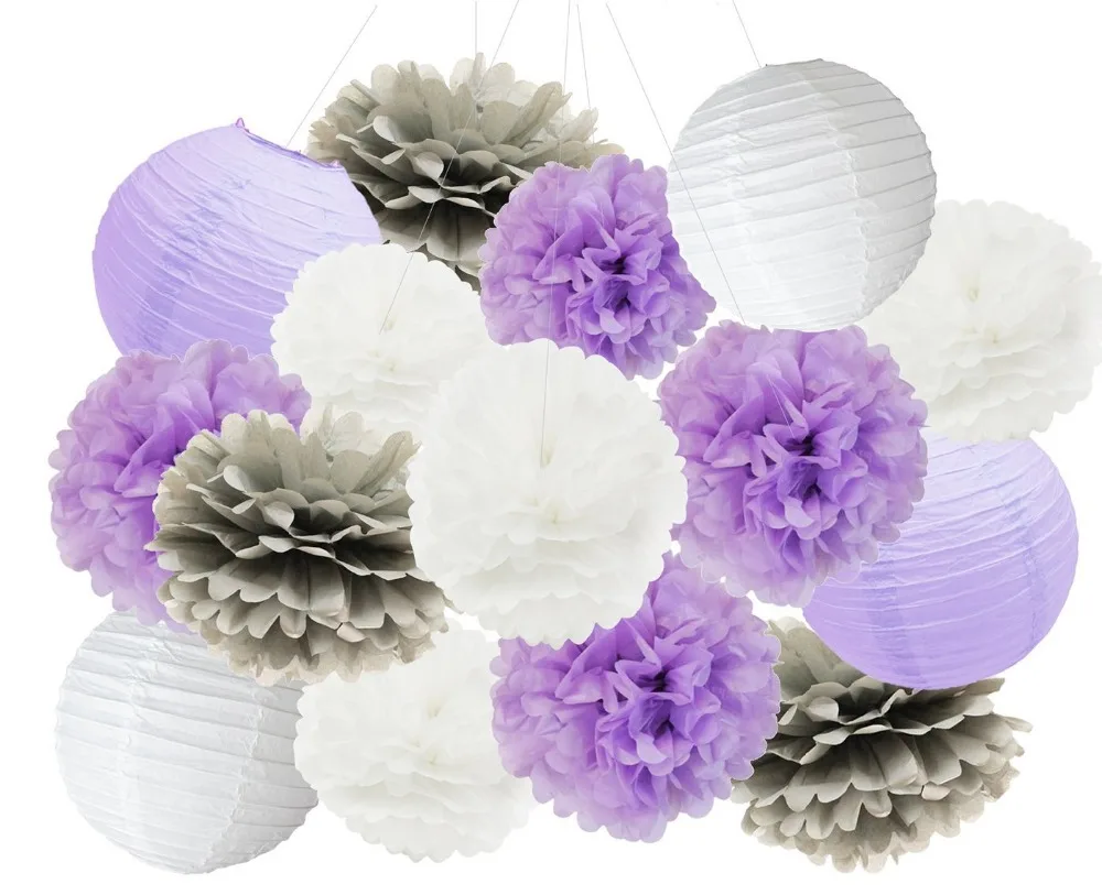 16pcs Baby Shower Decorations Lavender Grey White Tissue Paper Pom