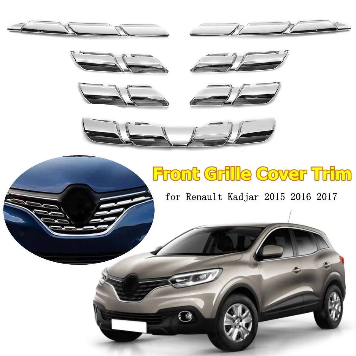 

7x Car Front Grille Cover Trim Molding Chrome ABS Insert Bonnet Garnish Protector Sticker for Renault Kadjar 2015 2016 2017