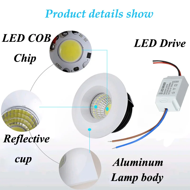 Белый, черный, 3 Вт Светодиодный точечный светильник, мини светодиодный потолочный светильник, cob потолочный светильник, AC85-265V, осветительная лампа для шкафа, прилавка, витрина с приводом
