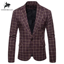 Мужской Блейзер, пиджак на одной пуговице, клетчатый Мужской Блейзер, приталенный костюм, мужской пиджак, мужской блейзер