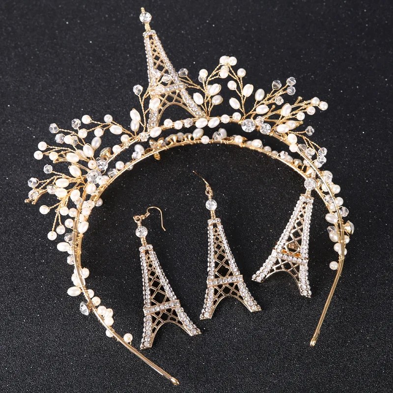 

Bridal Jewelry Sets 3pcs Geometric Tower Hairband Crystal Pearl Crown Ring Earrings Sets Gold Color Wedding Bride Tiara Headband
