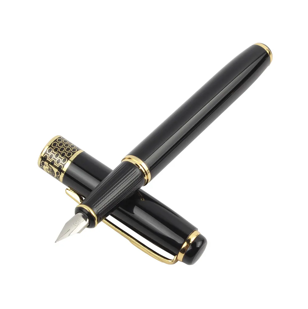 Baikingift Высококачественная перьевая ручка Классическая нержавеющая сталь бизнес Средний Перьевая ручка Новая Черная Золотая отделка F Перо 0,5 мм