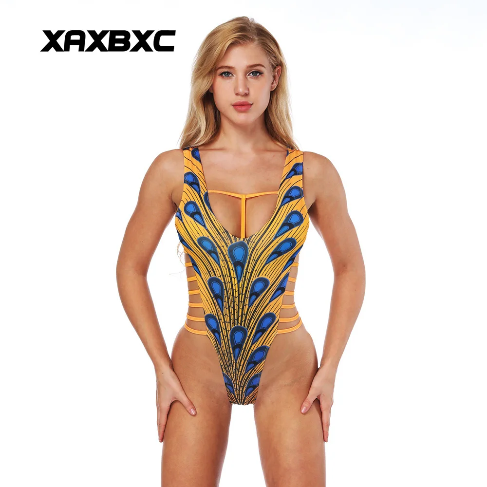 

XAXBXC 003 New 2018 Sexy Girl One piece Swimsuit Summer Golden Peacock Prints Rope Bandage Backless Swimwear Women Bathing Suit