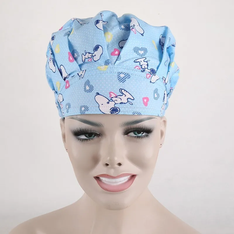

one size adjustable medical bouffant caps in white with doggie