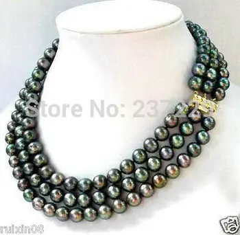 

Free shipping Wholesale price 3 row 7-8mm Akoya Black Pearl Necklace Tahitian real natural freshwater Cultured 925 noble lady's