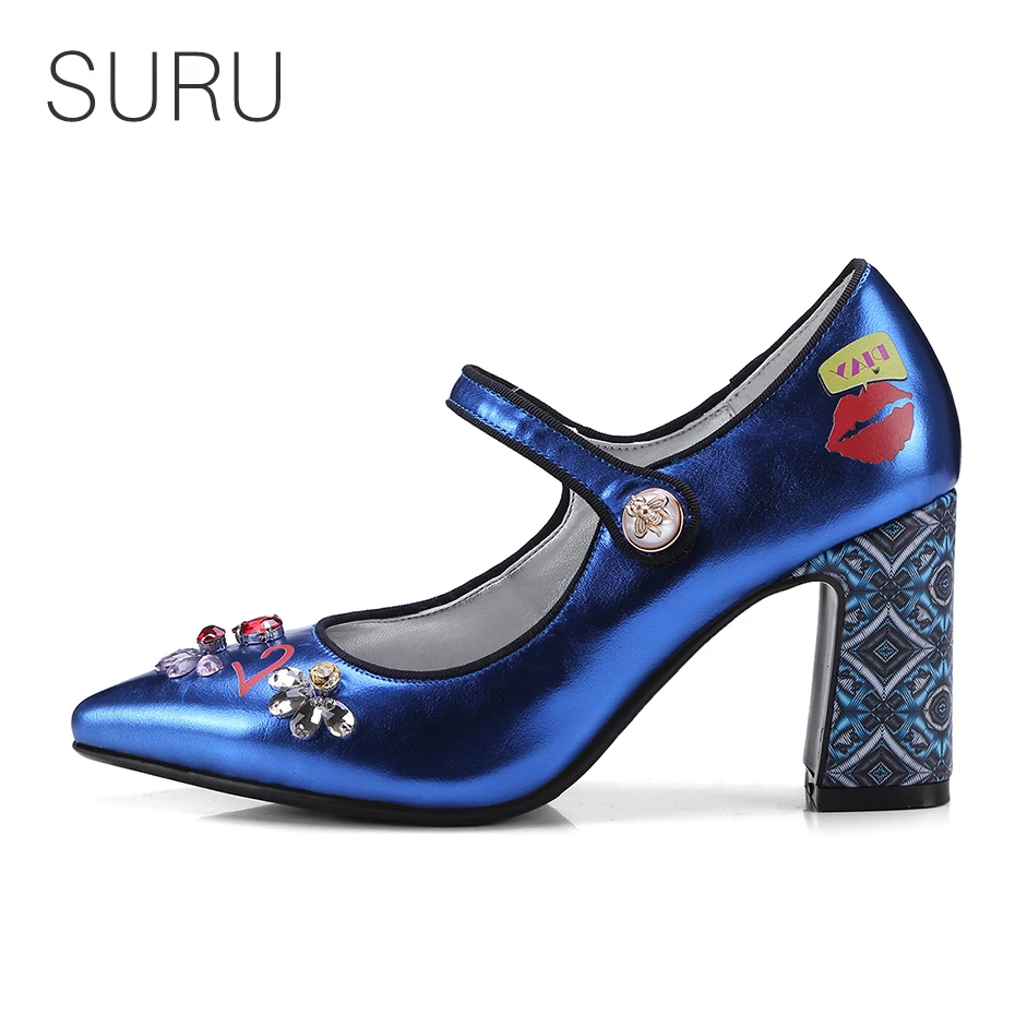 

SURU Ladies Satin Mary Janes Shoes Women 80cm Chunky Heels Pumps With Crystal Blue Silver Plus Size 40 41 42 43