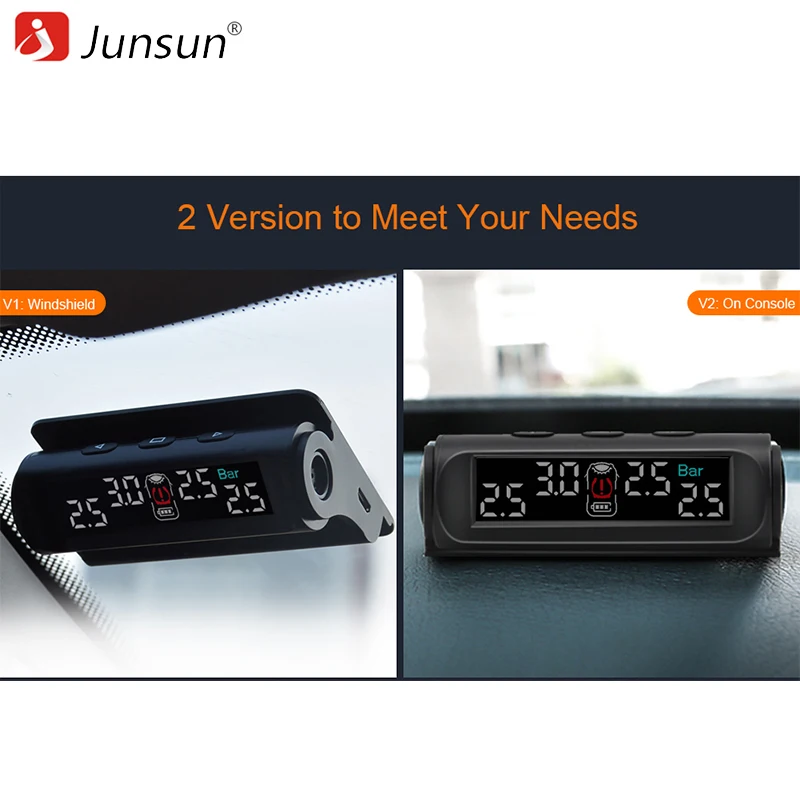 Junsun Car TPMS Tire Pressure Monitoring System Solar Charging VA HD Digital LCD Display Auto Alarm System Wireless With Sensor
