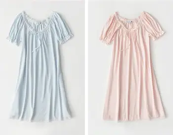 

Girl lovely pure cotton sleeping skirt. Summer lace sexy princess short-sleeved pajamas. Sweet loose-fitting home wear