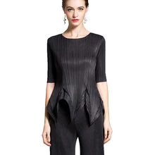 Changpleat женская футболка необычного дизайна Miyak плиссированные с круглым вырезом короткий рукав Твердые облегающие Женские топы футболки Мода Tide T908