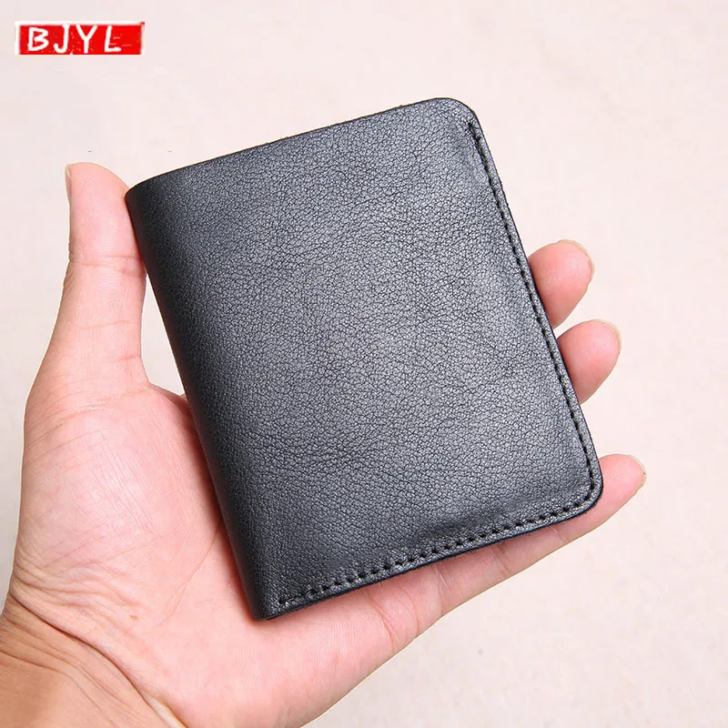 

BJYL Men's Short Leather Wallet Top Layer Leather Slim Mini Wallet Men's Vertical Student Manual card Wallet Soft Leather