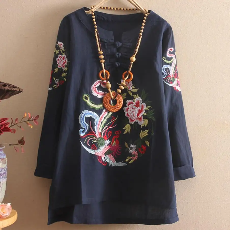 dark blue Плюс размер 4XL! Новая Винтажная национальная рубашка с вышивкой на пуговицах с круглым вырезом, хлопковая Свободная блузка с длинными рукавами - Цвет: dark blue