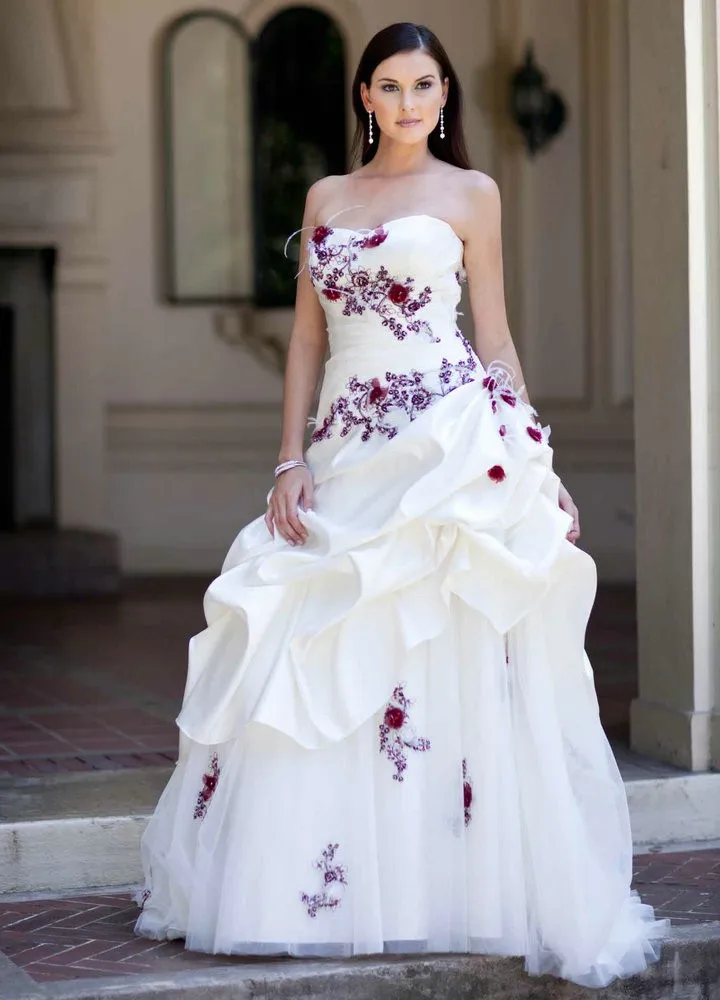 white wedding dress with red flowers