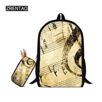 ZRENTAO 17 inch Cartoon bag + Pencil pouch musical note print backpack for girls 2 PCS/Set boys schoolbags polyester mochilas 