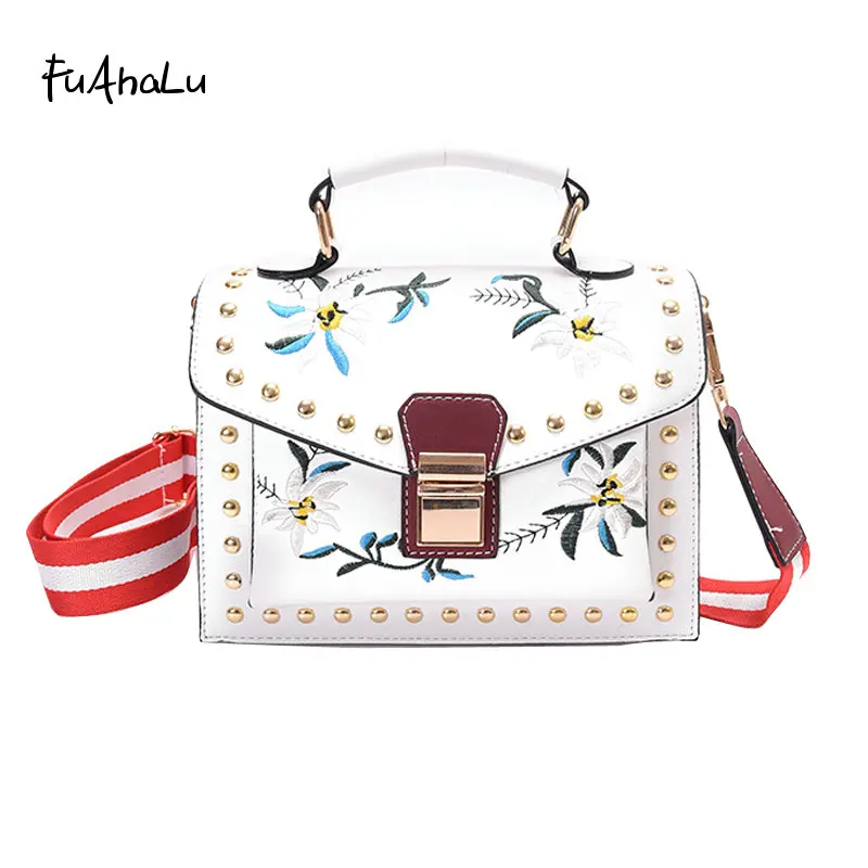 

FuAhaLu Fashion national wind embroidery small square bag new rivets handbags embroidered handbag shoulder Messenger bag