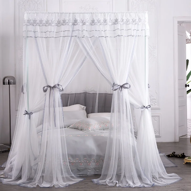 White Mosquito Net princess Lace Four Corner Post girls Canopy Bed Mosquito Net contain frame for Queen King Bed Drop Shipping