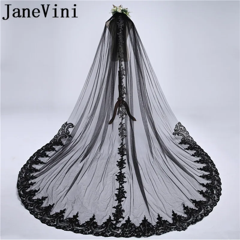 

JaneVini 2018 Black Luxurious 3M Lace Applique Edge One-Layer Cathedral Length Sequins Bridal Veil with Comb Wedding Accessories