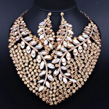 

African Beads Exaggerating Necklace Earrings set With Crystal Rhinestones for Bridal Wedding Party Jewelry sets
