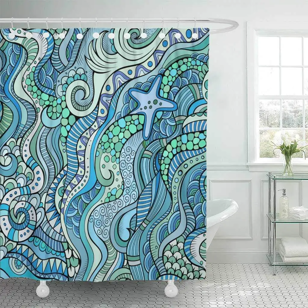 Fabric Shower Curtain with Hooks Blue Ocean Marine Sea Life Ornamental