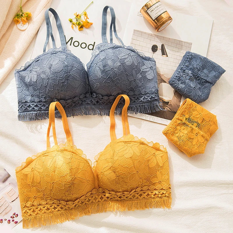 

Wasteheart Women Fashion Blue Yellow Sexy Lingerie Wireless Lace Panties Padded Bras Push Up Bra Sets Underwear A B 36 38 Tassel