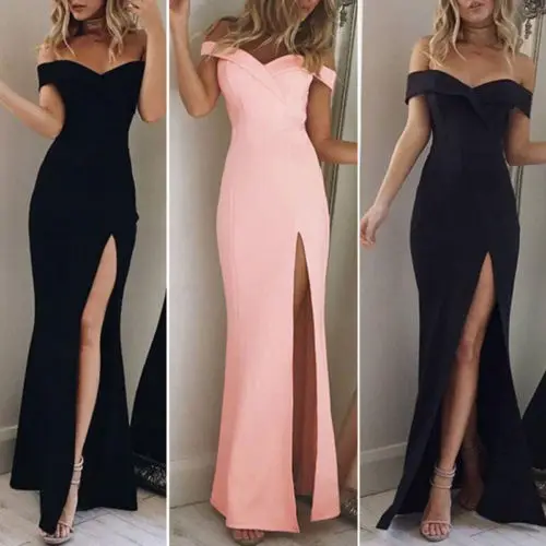 

2018 Women's Off Shoulder Dresses Casual Long Maxi Evening Party Beach Long Dress Solid Pink Black V-neck Summer Costume