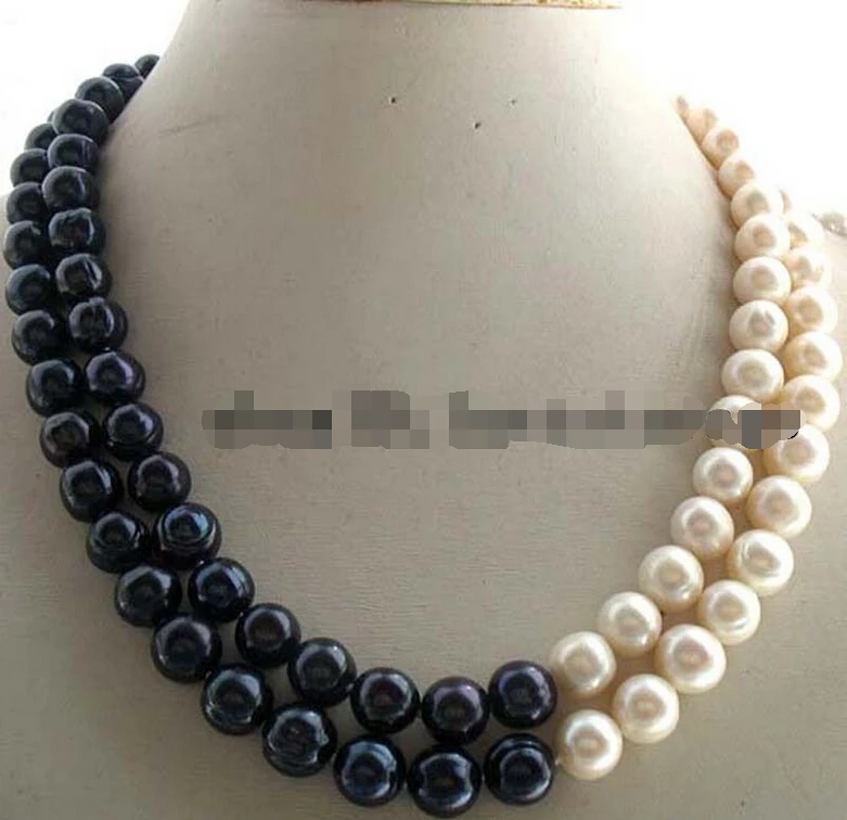 

Free shipping >>>>>2rows freshwater pearl black white round necklace 17-19