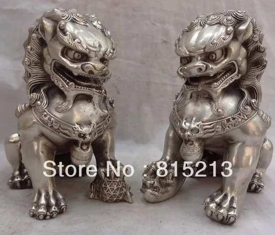 

bi0036 a pair Fu Foo Dog Guardian lion Tibet silver Good luck animal statue