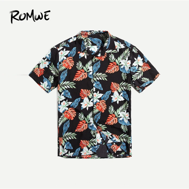 

ROMWE Men Button Up Tropical Print Top 2019 Fashion Beach Summer Male Short Sleeve Turn Down Collar Single Breasted Blouse