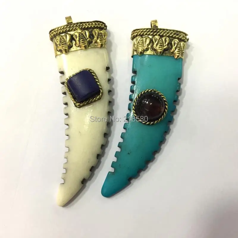 

Tibetan Horn Pendant Beige White or Blue Howlite Pendant With Brass Cap and Lapis Accent P16120908