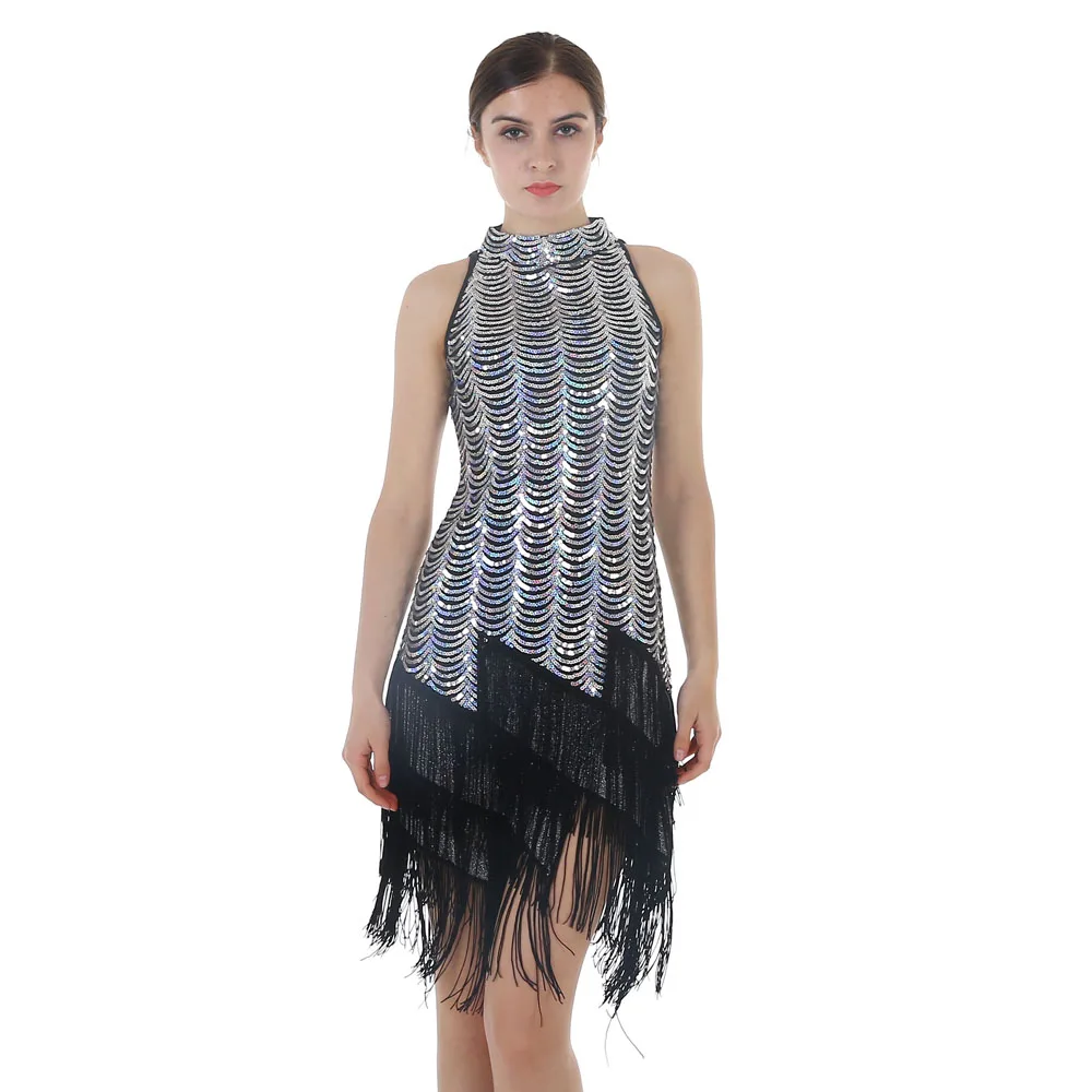 Silver BLINGSTORY платья с блестками 1920s Great Gatsby блесток кисточкой одежда без рукавов Клубная платье с открытыми плечами летний халат Femme - Цвет: Silver