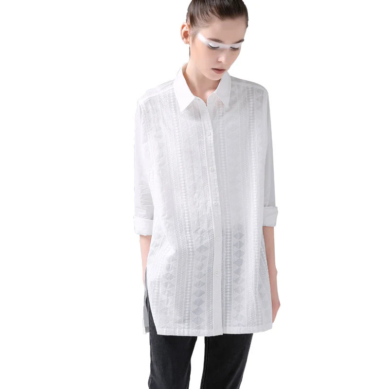  Toyouth White Blouse Women Chic Style Geometric Jacquard Shirts Fashion Hollow Out Long Sleeve Autu