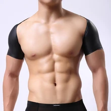 Мужской сексуальный дизайнерский фитнес-укороченный топ, топы для геев, Забавный компрессионный полужилет, модный бренд, черная искусственная кожа, размер M L XL