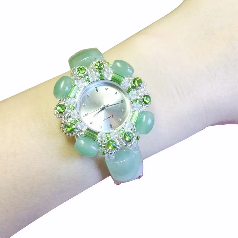 

New jade bracelet watch necklace earrings set with three diamonds ladies jewelry watch women' watch ladies watches