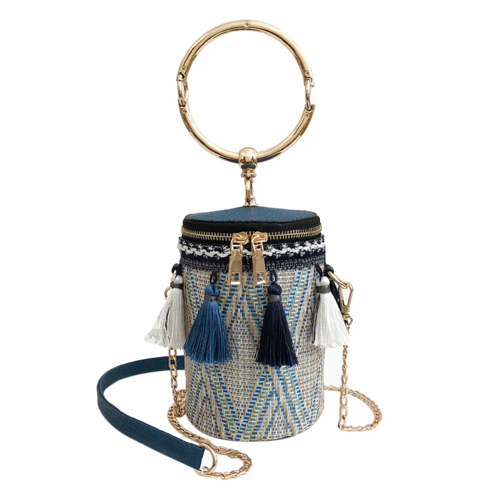 Cylindrical Straw Bags Chain Woven Women Mini Tassel Crossbody Bags
