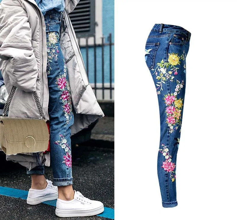 Women's three-dimensional 3D heavy process bird flower front and rear embroidery high waist Slim straight jeans large size system (3)