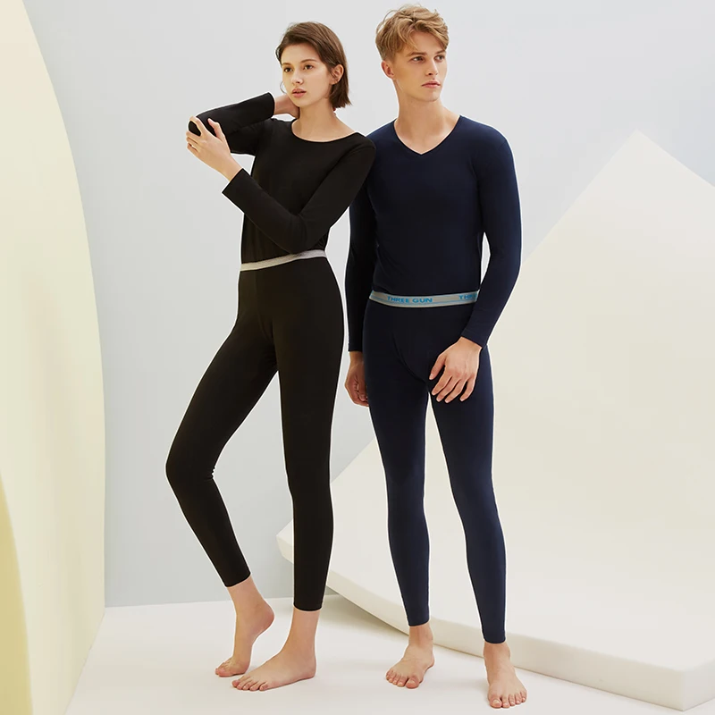 THREEGUN Lycra Undershirts Man Long Johns V- Neck Thermal Underwear Sets Fashion Waistband Male Winter Bottoms Warm Black