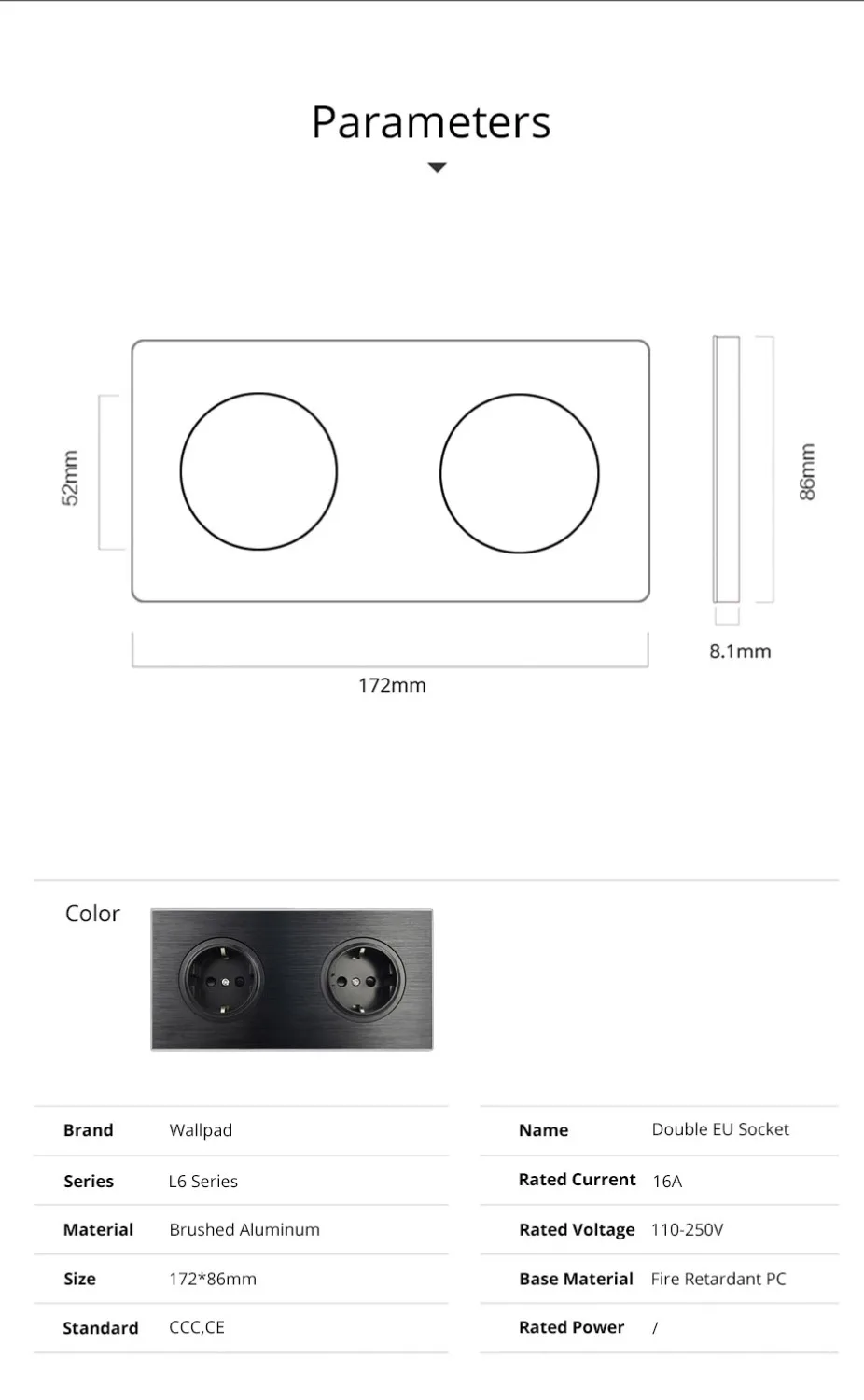 Настенная электрическая розетка Wallpad L6 черная металлическая двойная Европейская