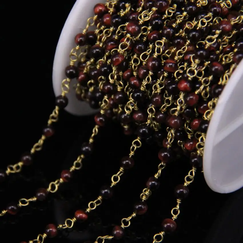 4mm Round Natural Stone Bronze Brass Wire Wrapped Chains Red Tiger eye Gems Rosary Style Bracelets Connector Jewelry | Украшения и