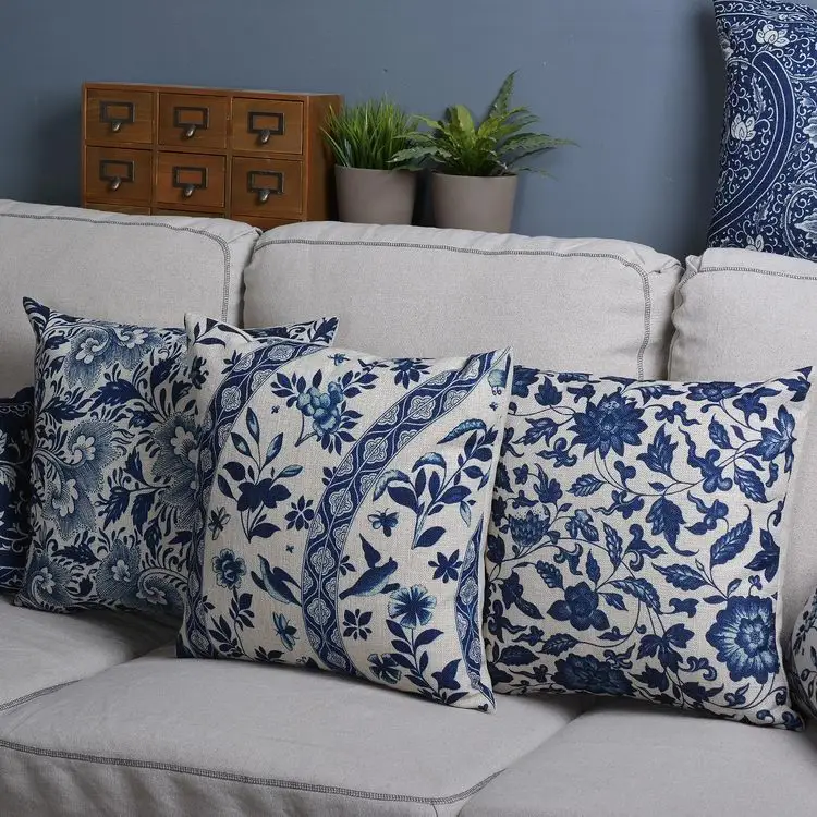 Чехол для подушки в китайском стиле, декоративный чехол для подушки с синим цветком, чехол для подушки для домашнего декора, Цветочная подушка 45x45 см/30x50 см