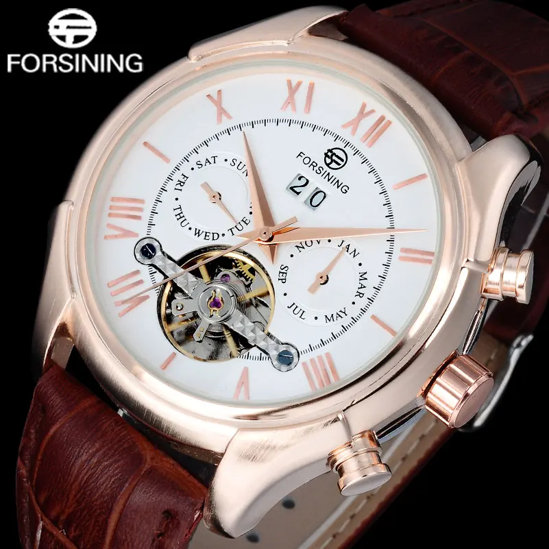 

FORSINING Men Watches 2017 Luxury Brand Date Week Month Display Auto Mechanical Rose Gold Roman Numerals Display Wristwatches