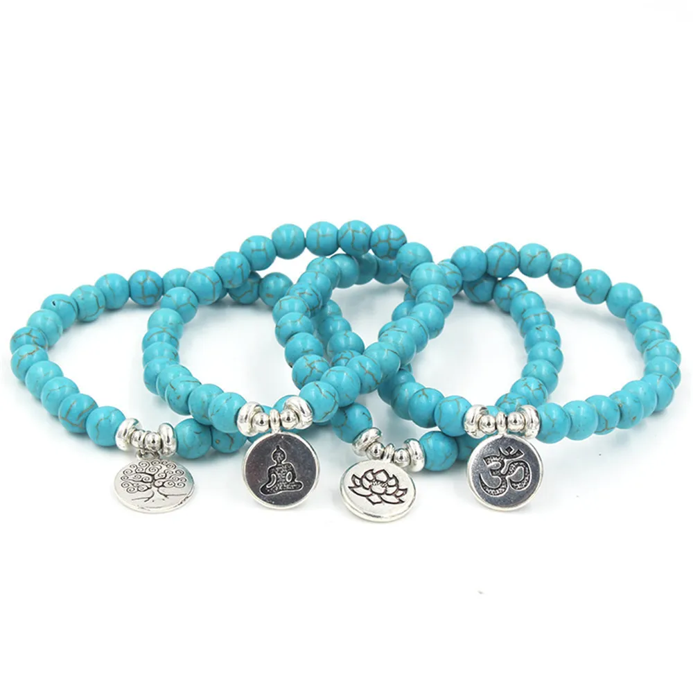 

Hand Beaded Blue-Turquoise Yoga Lotus Bracelet Black Onyx Mala Beads Bracelets One Circle Unisex Creative Buddha Gift Wholesale