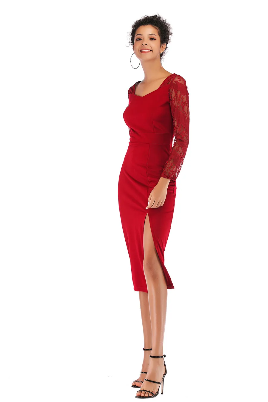 Gladiolus Sexy New Summer Dress Women 2019 Long Sleeve V Neck Slim Lace Patchwork Midi Women Office Dress Ladies Pencil Dresses (16)
