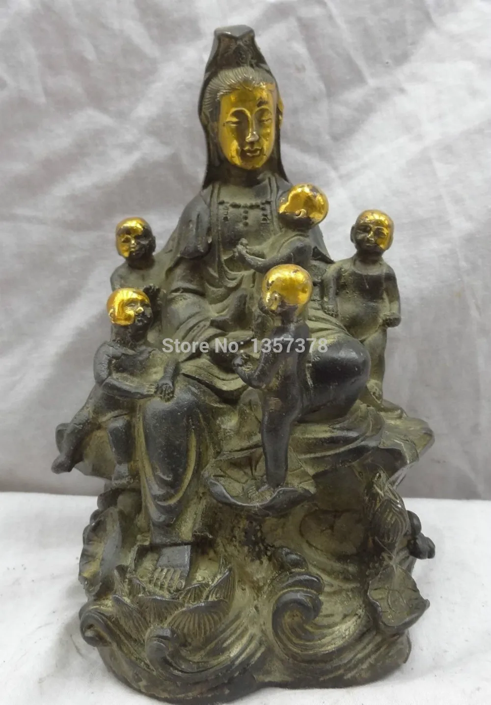 

shitou 00932 7" China Bronze Gilt 5 Kid Child Lotus Kwan-Yin Joss Set GuanYin Goddess Statue discount 30% (C0324)